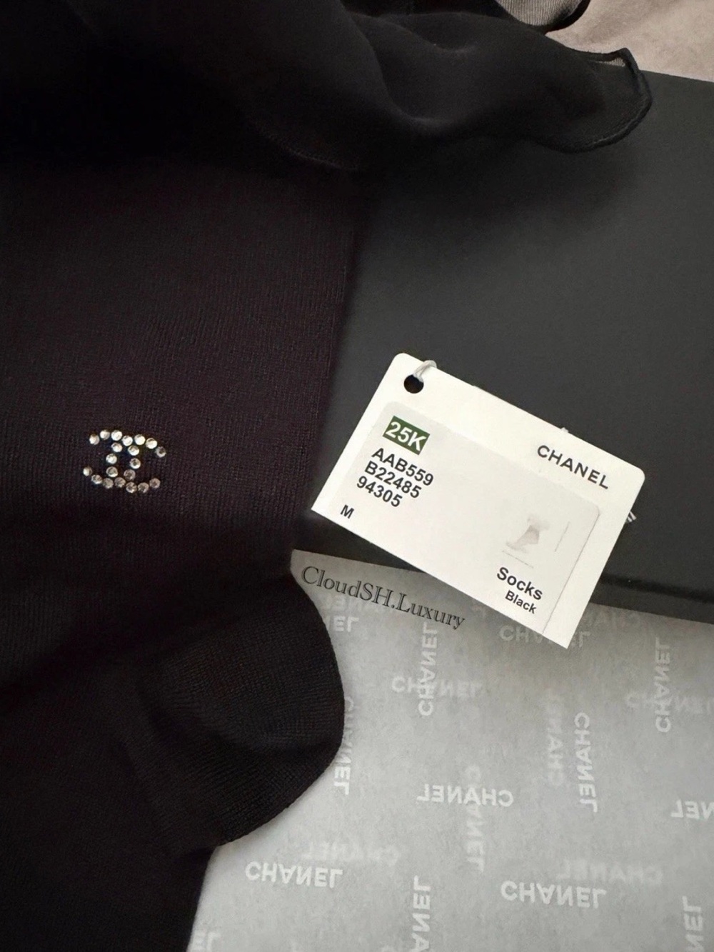 Auth Chanel 25K Classic CC Logo Ruffle Black Socks - Size M - Picture 4 of 4